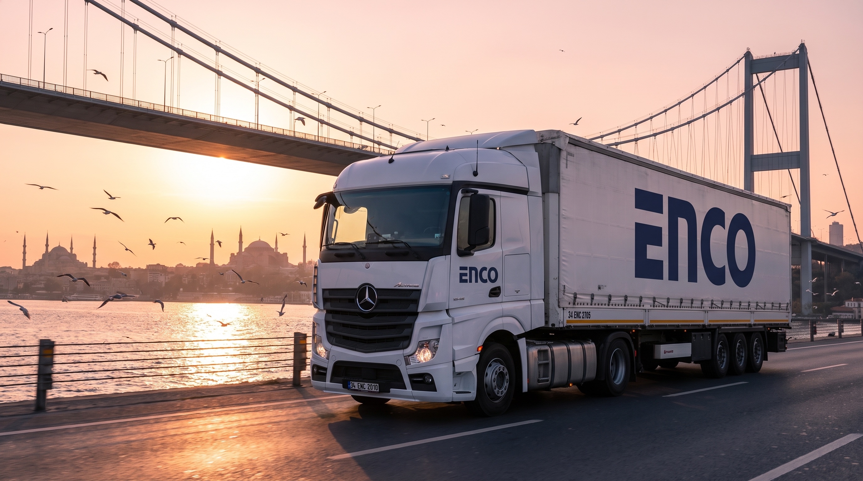 Gün doğumunda Boğaz Köprüsü'nde ENCO logolu beyaz Actros tır