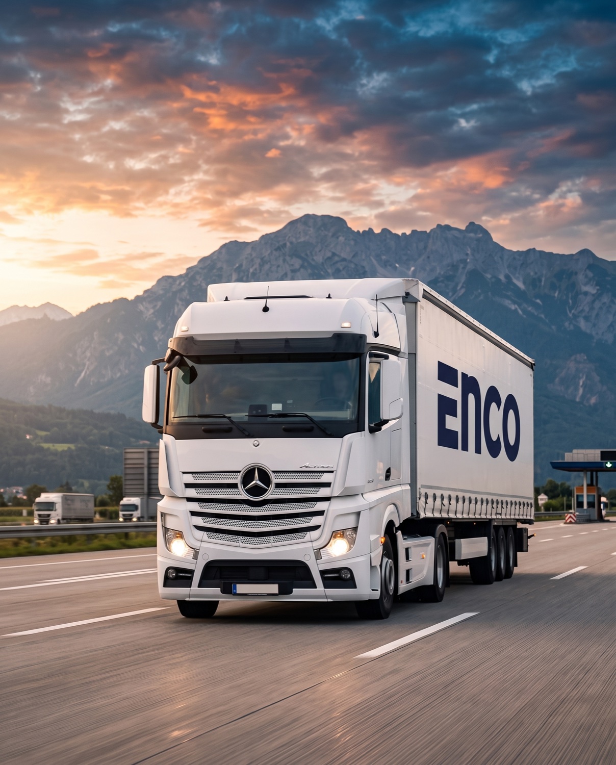 Alp geçidinde ENCO logolu beyaz Actros tır, gün batımında farları yanık