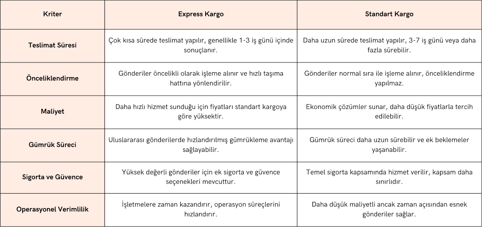 Express kargo ile standart kargo karşılaştırma tablosu