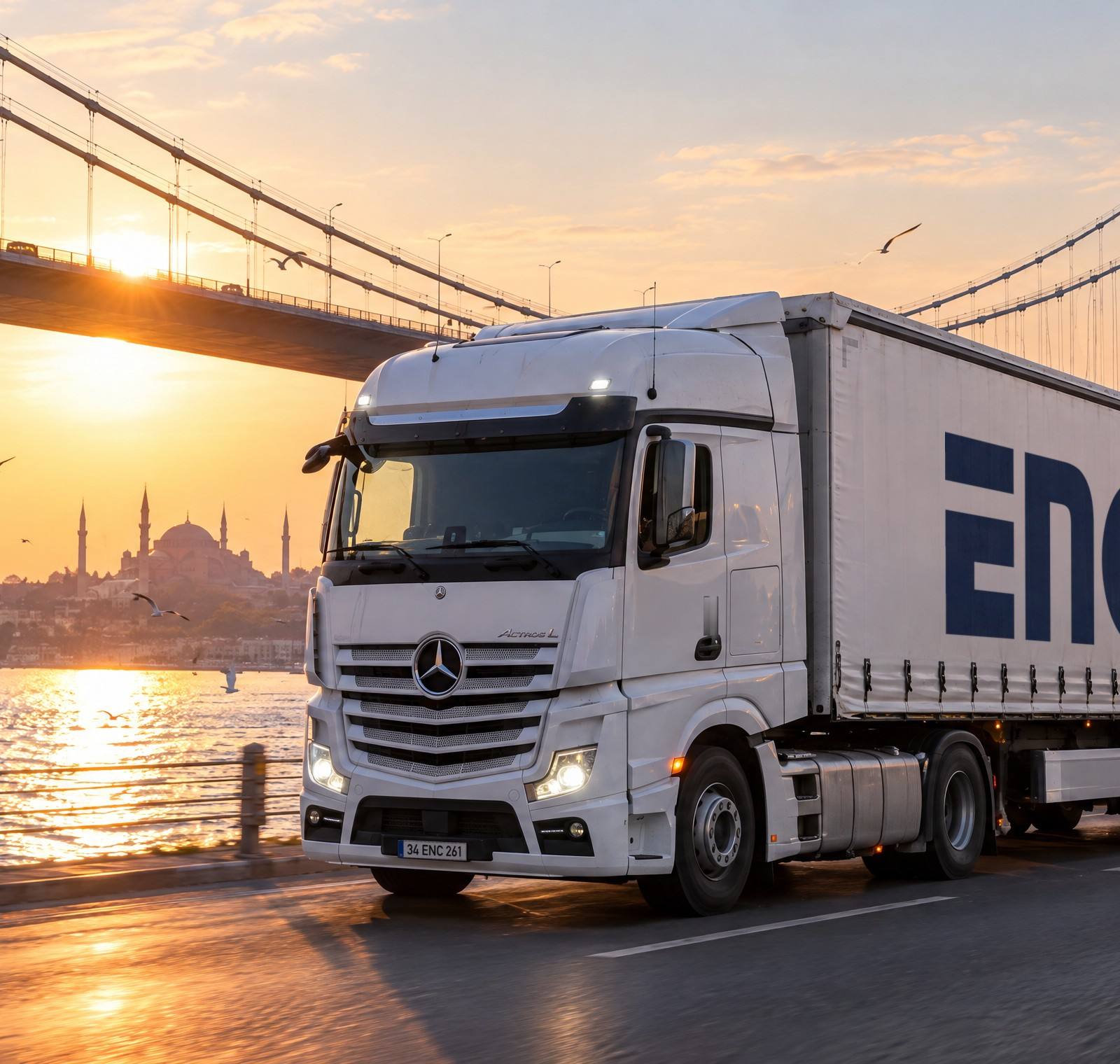 Gün doğumunda Boğaz Köprüsü'nde ENCO logolu beyaz Actros tır