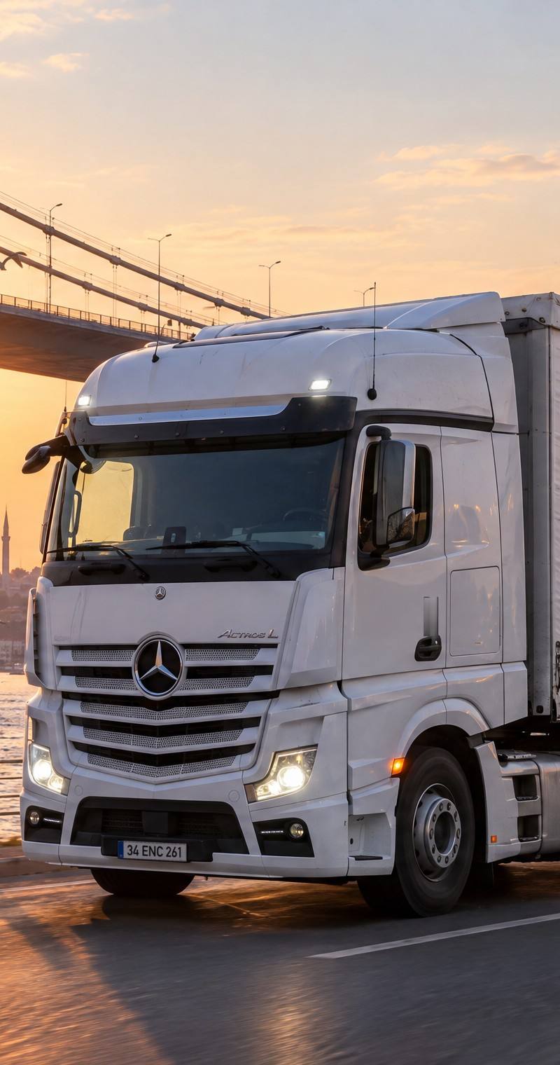 Gün doğumunda Boğaz Köprüsü'nde ENCO logolu beyaz Actros tır