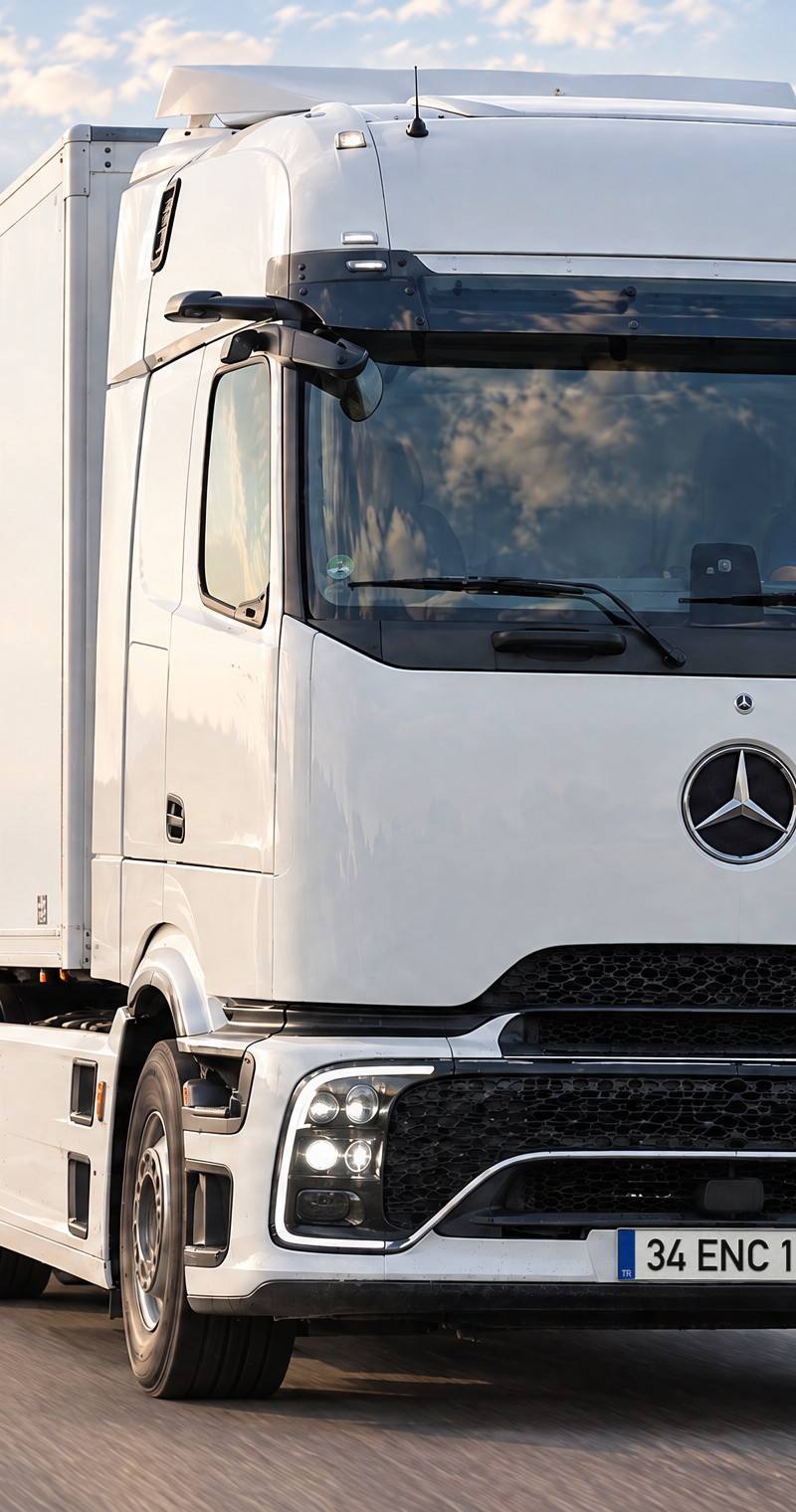 Sabah ışığında yeşil tepeler arasından geçen otoyolda ENCO logolu beyaz Actros tır