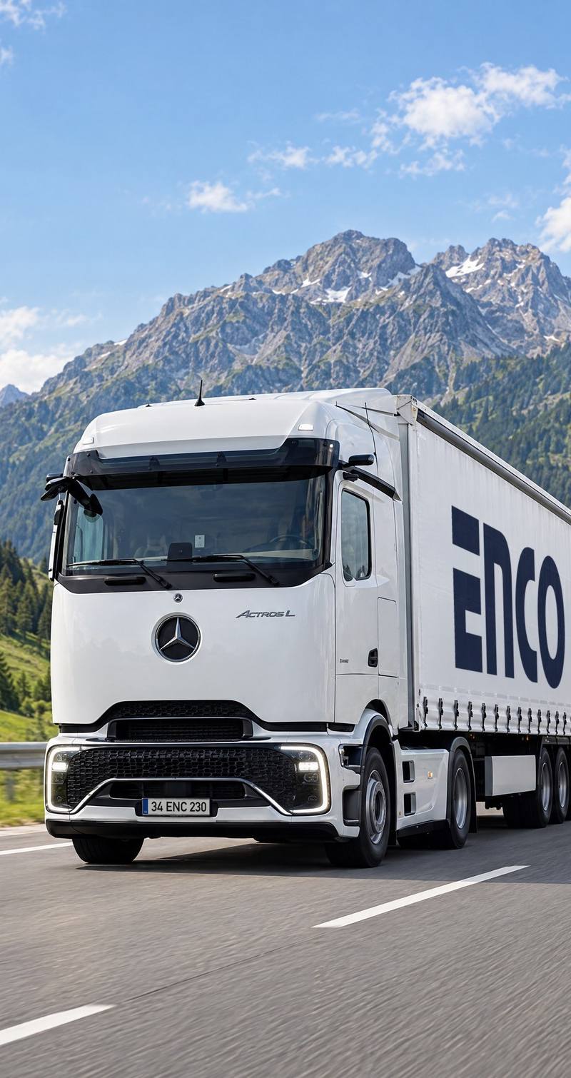 Alp otoyolunda gün ışığında ENCO logolu beyaz Actros tır